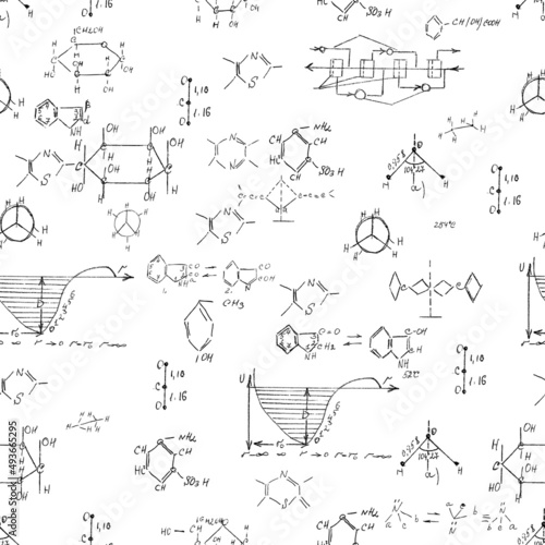 Chemistry seamless pattern with handwriting of various formulas and molecules structures and diagrams. Atom geometry. College lectures. Scientific study as former Alchemy. Vector.