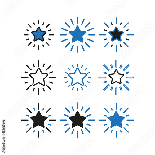 A set of stars with rays. Simple flat vector illustration on a white background