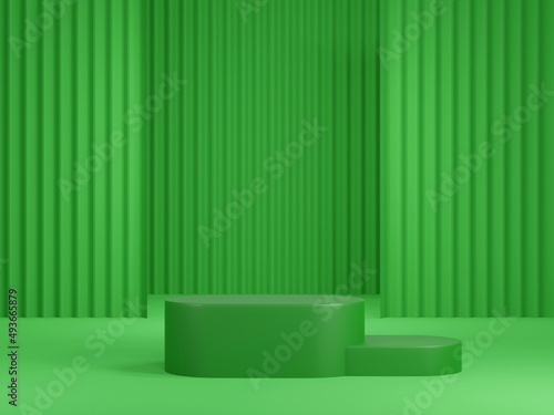 3d rendering of blank podium. Display stand for product presentation mock up. cosmetic product presentation. Fashion magazine. 3d green background
