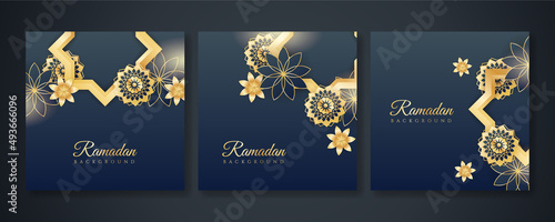 Islamic ramadan kareem greeting card. Black gold ramadan holiday invitation template with mosque star moon crescent and gold Arabic pattern. Vector illustration.