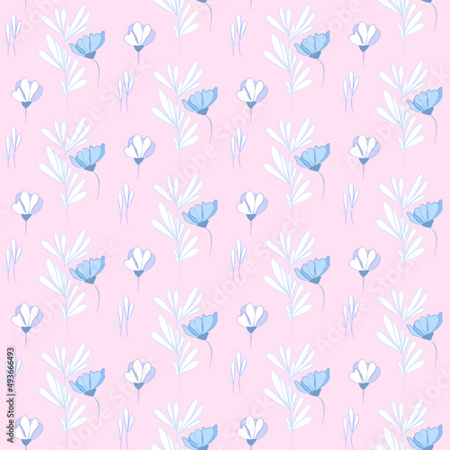 Vector seamless half-drop pattern  with leaves and flowers