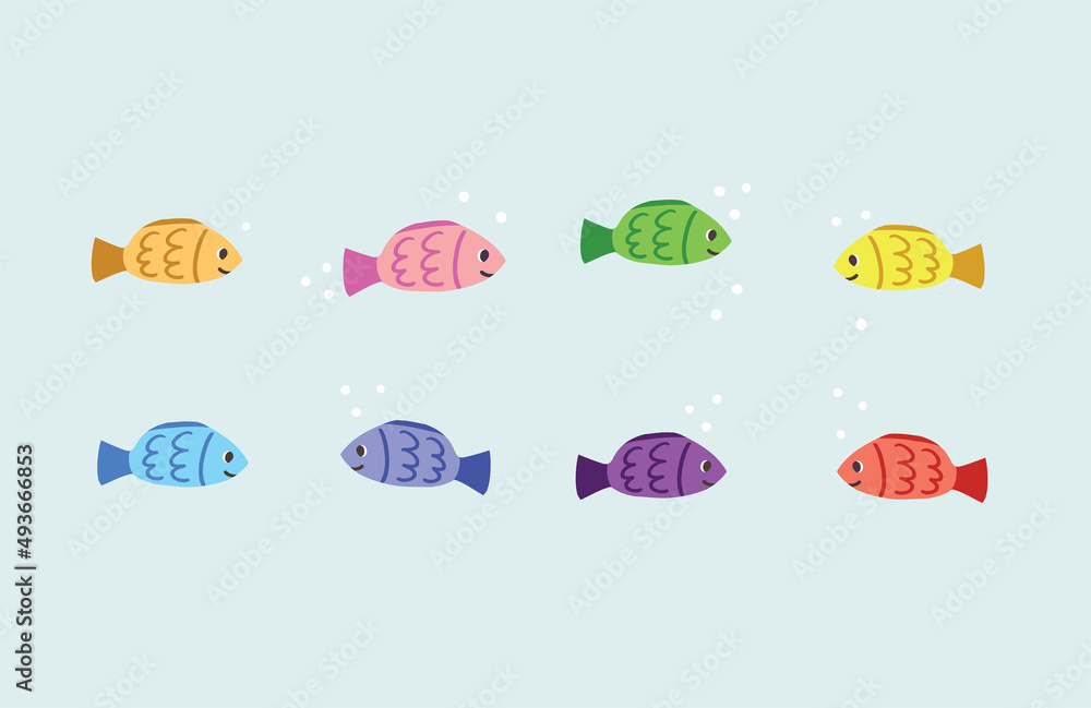 Fish. Colorful. Set. Fish in rainbow colors.