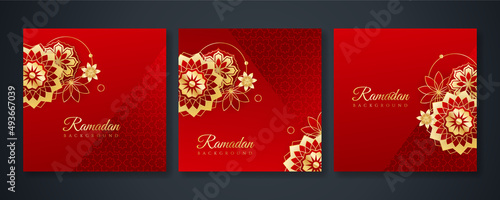 Islamic ramadan kareem greeting card. Red gold ramadan holiday invitation template with mosque star moon crescent and gold Arabic pattern. Vector illustration.