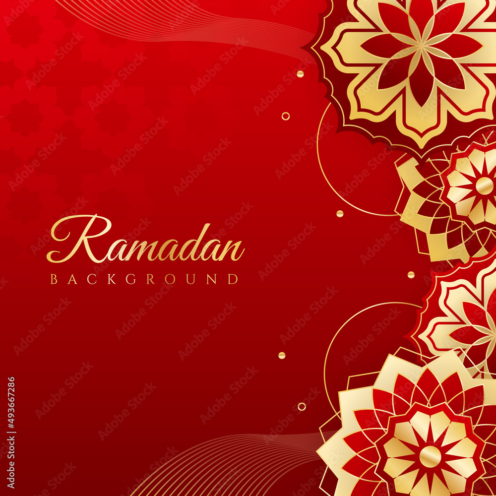 Islamic ramadan kareem greeting card. Red gold ramadan holiday invitation template with mosque star moon crescent and gold Arabic pattern. Vector illustration.