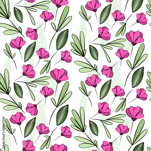 Vector seamless half-drop pattern  with leaves and flowers