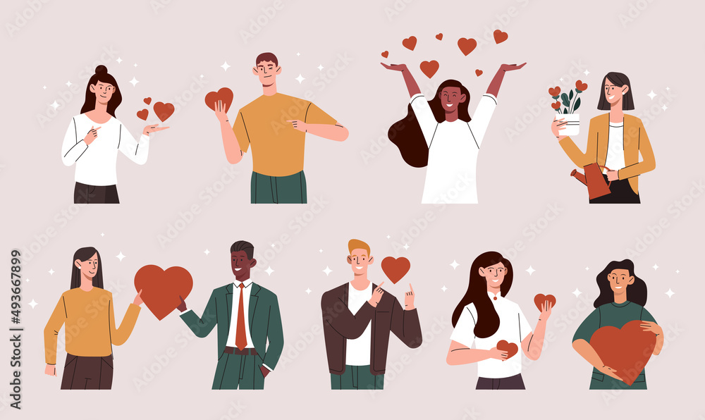 Set of people giving and sharing love. Charity and donation. Young smiling men and women holding red hearts. Tenderness, help and support. Cartoon flat vector collection isolated on beige background Set of people giving and sharing love. Charity and donation. Young smiling men and women holding red hearts. Tenderness, help and support. Cartoon flat vector collection isolated on beige background