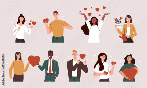 Set of people giving and sharing love. Charity and donation. Young smiling men and women holding red hearts. Tenderness, help and support. Cartoon flat vector collection isolated on beige background