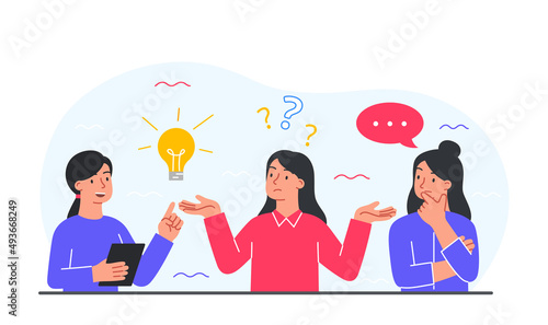 Woman think concept. Girlfriends evaluate idea, brainstorming. Creative personalities, employees evaluate development of company. Workers and colleagues communicate. Cartoon flat vector illustration