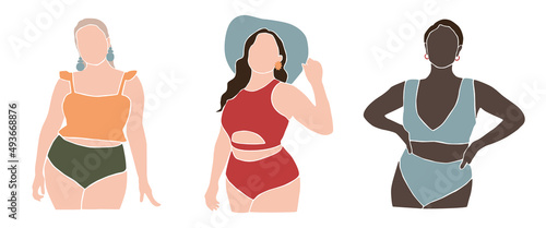 Set of modern abstract womans body figure in swimsuit. Female shape. International plus size women in underwear. Contemporary art. Silhouette of summer faceless woman. Aesthetic vector illustration