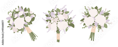 Set of wedding white bouquets with flowers rose, peony, eucalyptus, green leaves. Cartoon bouquet with ribbon for holidays. Boho bridal wedding arrangements. Hand drawn flat Vector illustration