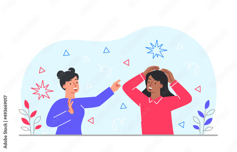 Surprised woman concept. Girl points finger at others head. Girlfriends communicate, characters discuss new hairstyle. Bright emotions and posters or banners for site. Cartoon flat vector illustration Surprised woman concept. Girl points finger at others head. Girlfriends communicate, characters discuss new hairstyle. Bright emotions and posters or banners for site. Cartoon flat vector illustration