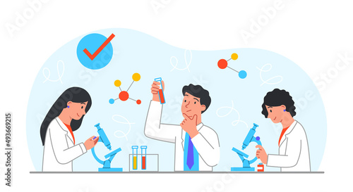 Concept of research. Men and girls work with chemicals, explore reactions. Development of vaccines and drugs. Researchers in laboratory, specialists and doctors. Cartoon flat vector illustration