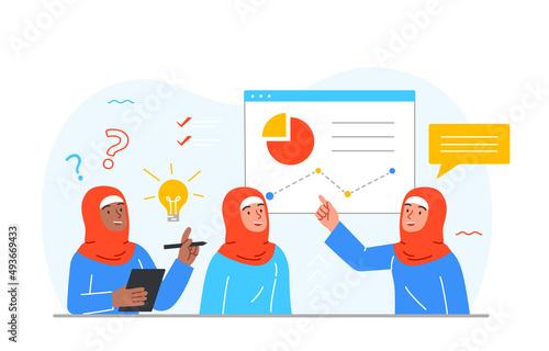 Presentation meeting concept. Arab girls near graphs and charts. Tolerance and equality, traditions and religion. Employees discuss development of organization. Cartoon flat vector illustration