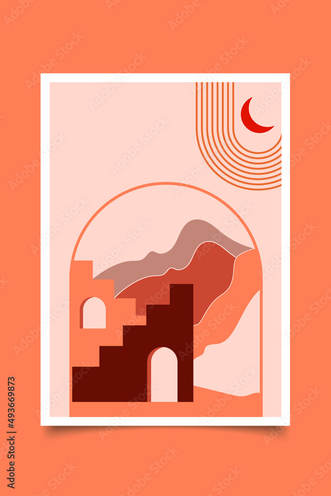 Minimalist arabic style. Moroccan scene. A Moroccan palace, doors, windows and traditional craftsmanship. Terracotta background. Vector illustration. Minimalist arabic style. Moroccan scene. A Moroccan palace, doors, windows and traditional craftsmanship. Terracotta background. Vector illustration.