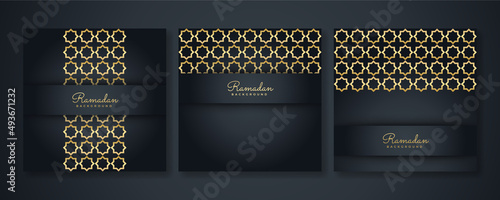 Islamic ramadan kareem greeting card. Black gold ramadan holiday invitation template with mosque star moon crescent and gold Arabic pattern. Vector illustration.