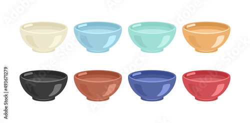 Set of empty bowls in different colors. Vector flat illustration of dish.