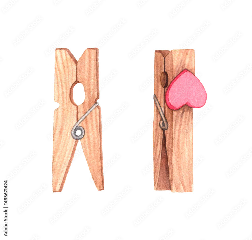 Wooden clothespins with a heart, decor for a gift, flowers. Watercolor illustration hand drawn on a white background. Image for floral design, flower shop. Wooden clothespins with a heart, decor for a gift, flowers. Watercolor illustration hand drawn on a white background. Image for floral design, flower shop.