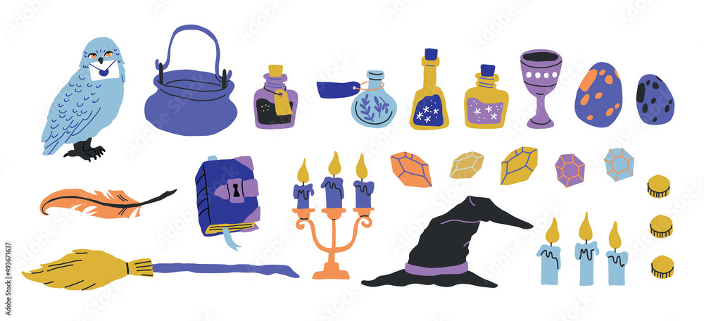 Fototapeta premium Cartoon magic items crystal globe, potion bottle, owl, witch hat, burning candle and wand, spell book and cauldron. Elements for computer game, isolated wiz stuff, Vector illustration, icons set