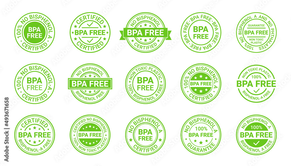 BPA free icon stamp. No bisphenol round badges. Non toxic plastic stickers. Labels for eco package. Seal imprints isolated on white background. Set retro green emblems. Vector illustration. BPA free icon stamp. No bisphenol round badges. Non toxic plastic stickers. Labels for eco package. Seal imprints isolated on white background. Set retro green emblems. Vector illustration.
