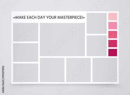 Photo collage template. Moodboard layout. Mood board background. Album images grid. Montage mosaic pictures. Poster design. Horizontal gallery mockup with colour palette and quote. Vector illustration