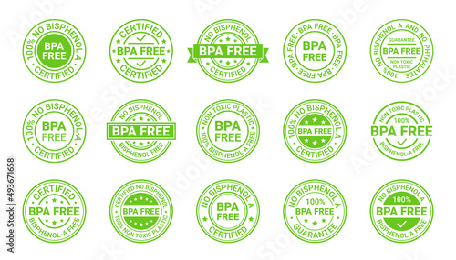 BPA free icon stamp. No bisphenol round badges. Non toxic plastic stickers. Labels for eco package. Seal imprints isolated on white background. Set retro green emblems. Vector illustration.