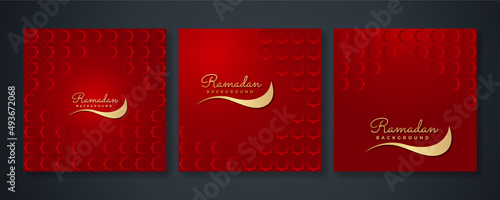 Islamic ramadan kareem greeting card. Red gold ramadan holiday invitation template with mosque star moon crescent and gold Arabic pattern. Vector illustration.