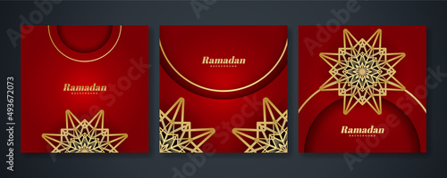 Islamic ramadan kareem greeting card. Red gold ramadan holiday invitation template with mosque star moon crescent and gold Arabic pattern. Vector illustration.