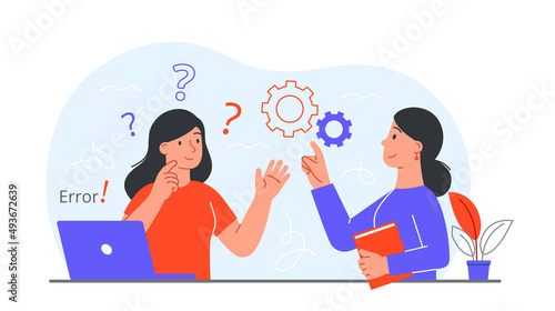 Concept of mentoring. Boss teaches subordinate how to use laptop or computer. Modern technologies and error correction in program, help and support, education. Cartoon flat vector illustration