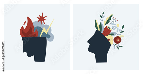 Set of mental states illustrations. Mental health weather concept. Mental disorder, illness and happiness creative abstract concept. Set of isolated vector illustrations about psychological problems