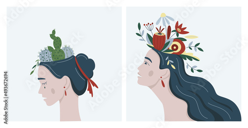 Mental health and illness creative abstract concept. Unhappy and happy woman’s heads with cactuses and flowers inside. Set of isolated vector illustrations about psychological problems