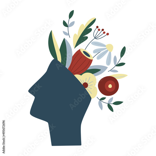 Mental health, happiness, harmony creative abstract concept. Head with flowers inside. Mindfulness, positive thinking, self care idea. Isolated flat vector illustration