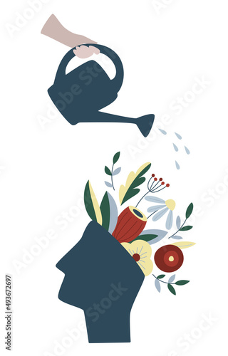 Mental health, happiness, self-development abstract concept. Someone pours water from a watering can on a head with flowers inside. Mindfulness, self care idea. Isolated flat vector illustration