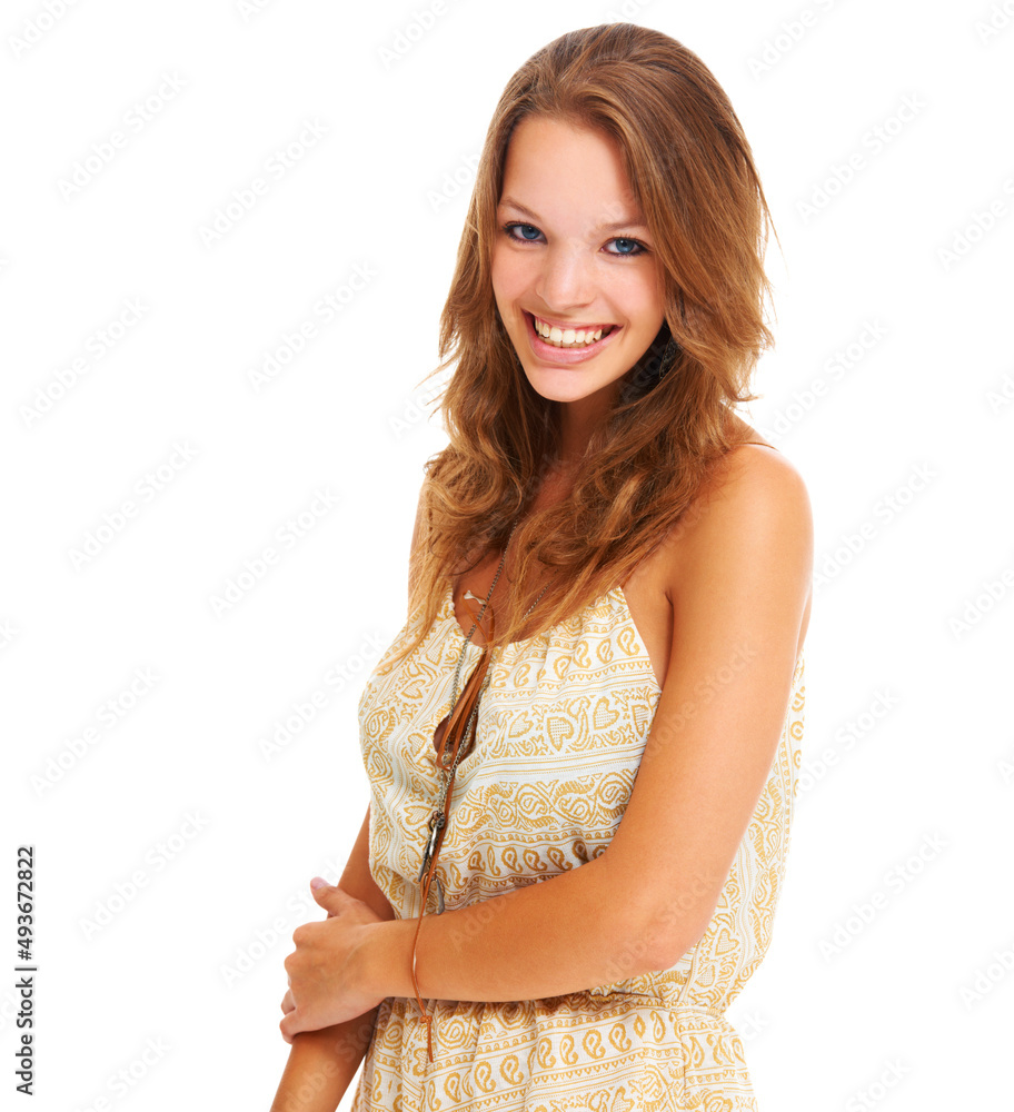Easy going summer living. Sweet young woman smiling genuinely in casual summer wear, isolated on white - copyspace. Easy going summer living. Sweet young woman smiling genuinely in casual summer wear, isolated on white - copyspace.