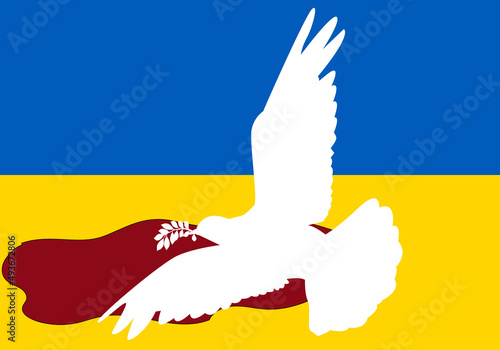 Paloma blanca de la paz con una rama de laurel sobre la bandera de Ucrania manchada de  sangre. Guerra en Ucrania