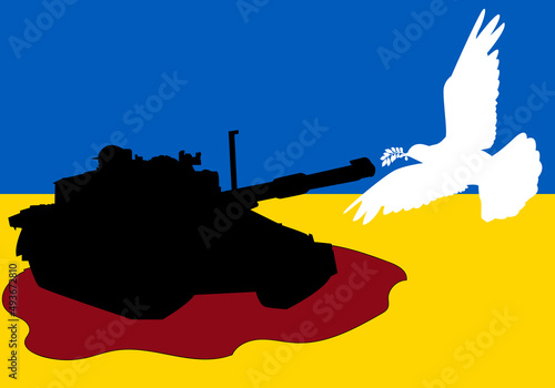 Guerra en Ucrania. Paloma blanca de la paz frente a la silueta negra de un tanque rodeado de un charco de sangre y  con el fondo de la bandera de Ucrania