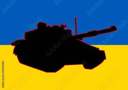 Tanques en Ucrania. Guerra en Ucrania. Bandera de Ucrania con la silueta negra de un tanque