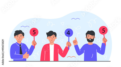 Judges group concept. Men with signs give marks to performance. Poster or banner for website, sports competitions. Determination of winner, active lifestyle. Cartoon flat vector illustration