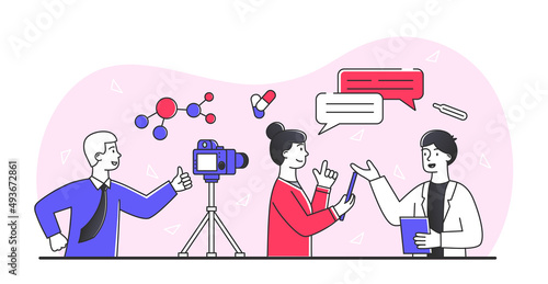 Interview with doctor. Girl asks questions to specialist on camera, video and social networks. Mass media and informing population, interviews and consultation. Cartoon flat vector illustration