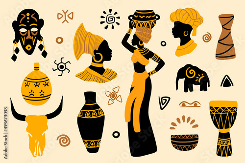African woman and traditional ethnic vector elements collection