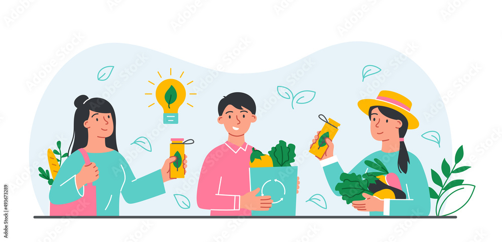 Eco friendly people. Men and girls with vegetables and fruits. Agriculture and farmers. Harvesting, vegetarians and natural and organic products. Ecology protection. Cartoon flat vector illustration Eco friendly people. Men and girls with vegetables and fruits. Agriculture and farmers. Harvesting, vegetarians and natural and organic products. Ecology protection. Cartoon flat vector illustration