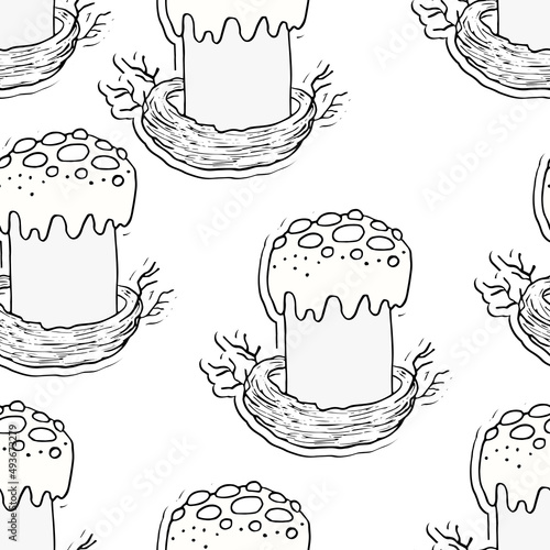 Seamless pattern with Easter cake on white background. Hand drawn Happy Easter symbol. Design for card, postcard, wallpaper, poster, fabric, textile. Holiday sweet food. Doodle style