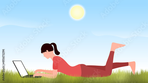 woman working on laptop on garden grass, work from home and flexible work hour character vector illustration.