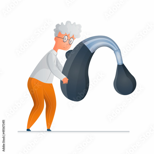 Vector illustration of an elderly man holding an enlarged hearing aid. Concept technological, medical devices, equipment for the deaf, assistance to the hard of hearing.