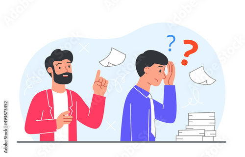 Concept of confused. Employee does not listen to advice from colleague. Difficulties and overloaded character. Emotional burnout and paperwork fatigue, tired person. Cartoon flat vector illustration