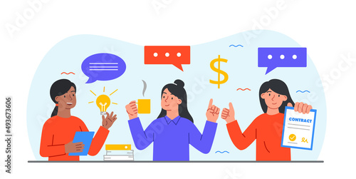 Businesswoman with contract. Young girls in office discussing latest news. Employees on their lunch break, boss made deal and tells about it to subordinates. Cartoon flat vector illustration