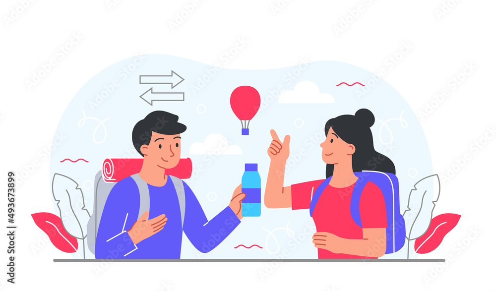 Active couple traveling. Young man and girl with backpacks in nature. Travel, hike and adventure. Lifestyle and vacation. Characters in nature, help and support. Cartoon flat vector illustration Active couple traveling. Young man and girl with backpacks in nature. Travel, hike and adventure. Lifestyle and vacation. Characters in nature, help and support. Cartoon flat vector illustration