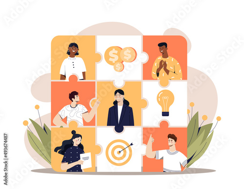 Puzzle collage with people. Set of pictures with men and girls. Employees, goals and ideas. Metaphor of company and part of organization. Collection with employees. Cartoon flat vector illustration