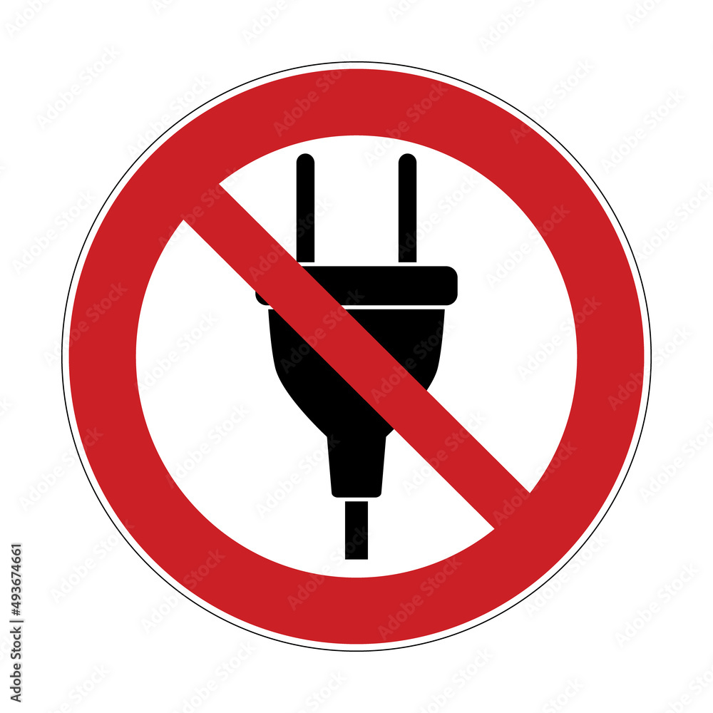 Do not plug sign. Vector illustration of red crossed out circle sign with electric plug icon inside. Do not connect prohibition symbol isolated on white background. Risk of electric shock. Do not plug sign. Vector illustration of red crossed out circle sign with electric plug icon inside. Do not connect prohibition symbol isolated on white background. Risk of electric shock.