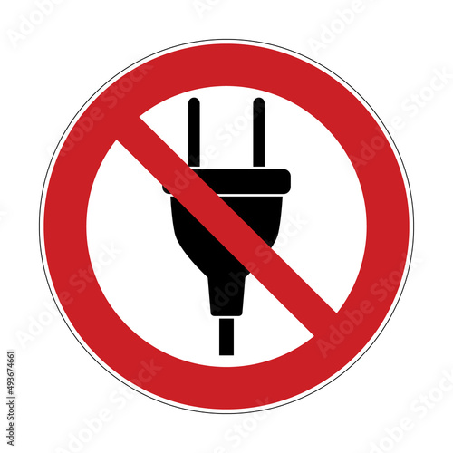 Do not plug sign. Vector illustration of red crossed out circle sign with electric plug icon inside. Do not connect prohibition symbol isolated on white background. Risk of electric shock.