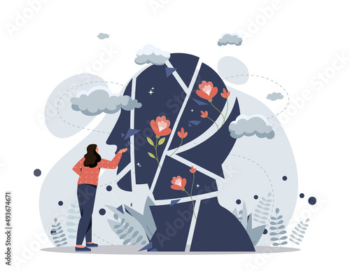 Psychological rehab concept. Girl collects silhouette of head. Abstract images and mental health metaphor. Mindfulness and selfhelp, psychology. Support and help. Cartoon flat vector illustration